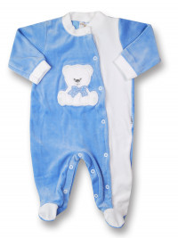 baby footie baby bear with chenille bow. Colour light blue, size 9-12 months