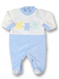 baby footie teddy bears in chenille hand. Colour light blue, size 3-6 months