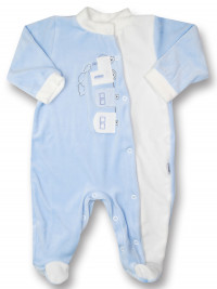 baby footie vertical chenille train. Colour light blue, size 6-9 months