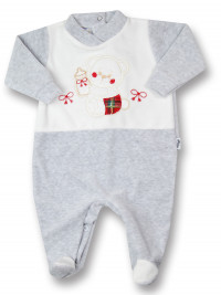 baby footie in chenille baby bottles and bows. Colour grey, size 6-9 months