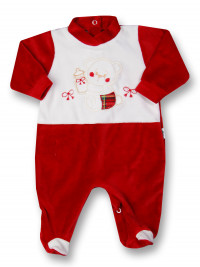 baby footie in chenille baby bottles and bows. Colour red, size 3-6 months