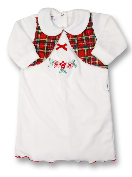 newborn baby dress in chenille . bow and tartan flowers. Colour creamy white, size 6-9 months Creamy white Size 6-9 months