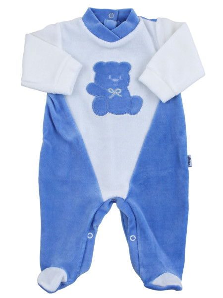 baby footie #color# and white chenille #cut # baby bear Hello. Colour royal blue, size 6-9 months Royal blue Size 6-9 months