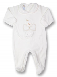 baby footie chenille, bunny rabbit bow and hearts. Colour creamy white, size 9-12 months