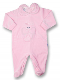 baby footie chenille, bunny rabbit bow and hearts. Colour pink, size 9-12 months