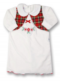 newborn baby dress in chenille . bow and tartan flowers. Colour creamy white, size 1-3 months