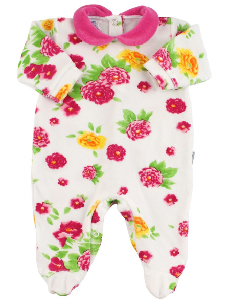 Baby footie chenille baby. Baby footie with floral prints. Colour fuchsia, size 3-6 months