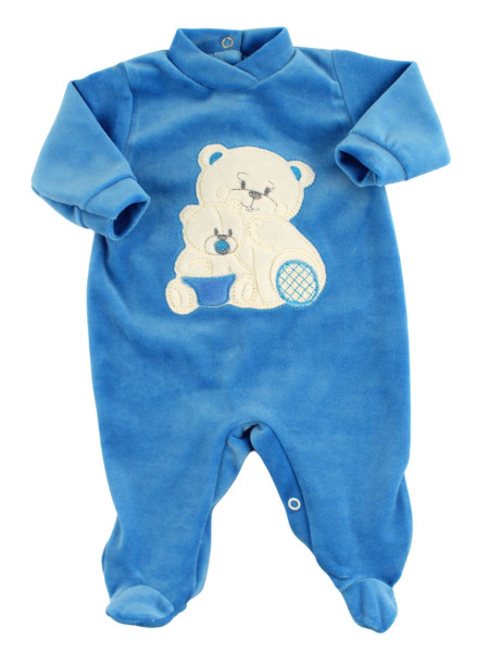 Baby footie in chenille, Baby footie bear family. Colour light blue, size 0-3 months Light blue Size 0-3 months