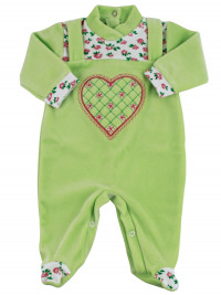 baby footie in chenille dungarees. baby footie mama's heart. Colour pistacchio green, size 3-6 months