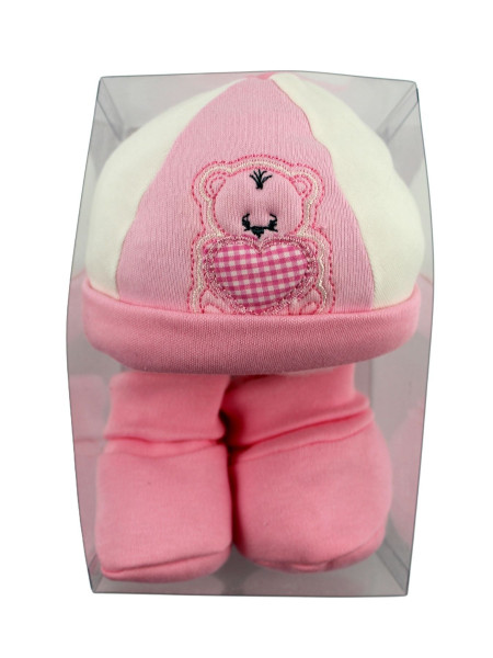 newborn hat and booties, warm cotton. pinky bear. Colour pink, one size 2