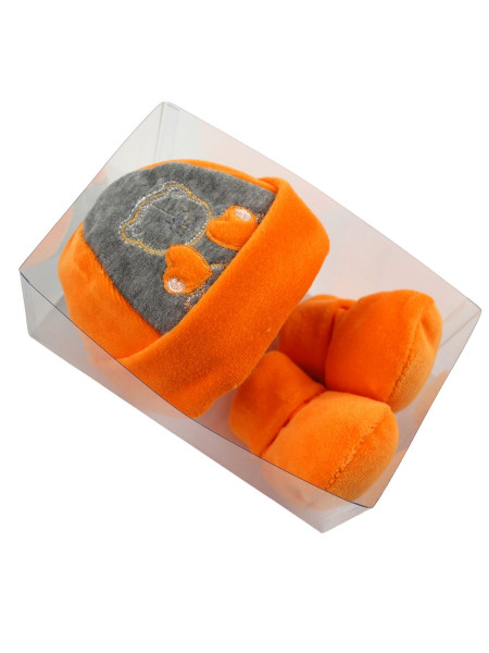 newborn baby hat, newborn orange and turtledove chenille booties. Colour orange, one size 3