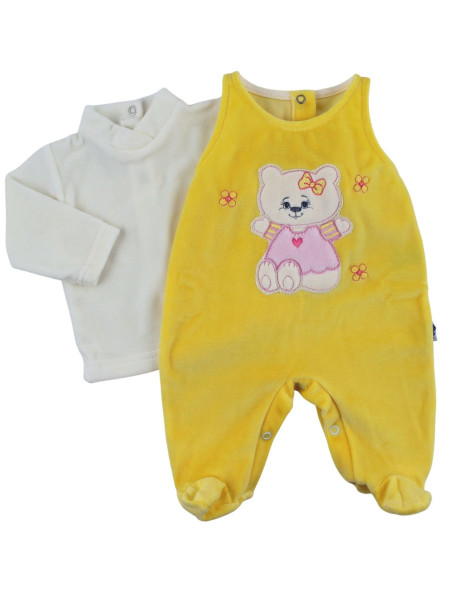 Baby footie chenille two pieces with overalls. Baby footie Sweet Cat. Colour yellow, size 6-9 months Yellow Size 6-9 months