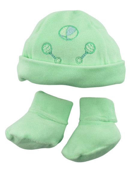 Hat and baby shoes, in chenille. Ball and rattles. Colour green, one size Green One size