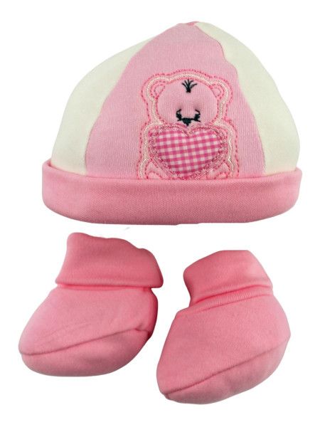 newborn hat and booties, warm cotton. pinky bear. Colour pink, one size Pink One size
