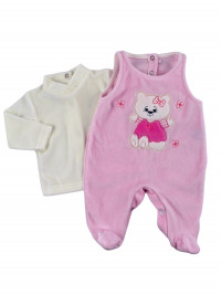 Baby footie chenille two pieces with overalls. Baby footie Sweet Cat. Colour pink, size 0-3 months