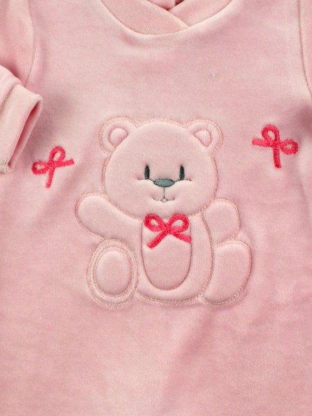 monochrome chenille baby footie, baby footie ribbons and bows. Colour pink, size 1-3 months 2