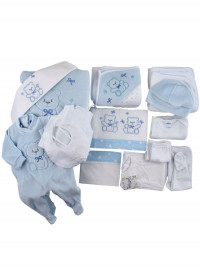 Newborn baby outfit in chenille and cotton, made in Italy. Colour light blue, one size