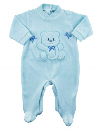 monochrome chenille baby footie, baby footie ribbons and bows. Colour light blue, size 3-6 months