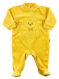 monochrome chenille baby footie, baby footie ribbons and bows. Colour yellow, size 9-12 months