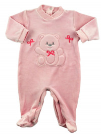 monochrome chenille baby footie, baby footie ribbons and bows. Colour pink, size 0-1 month