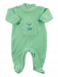 monochrome chenille baby footie, baby footie ribbons and bows. Colour green, size 1-3 months