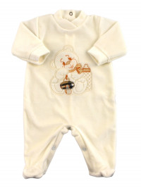 Newborn baby footie in chenille with plaid inserts. Colour creamy white, size 0-3 months