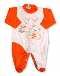 cotton baby footie. baby footie choo-choo. Colour orange, size 3-6 months