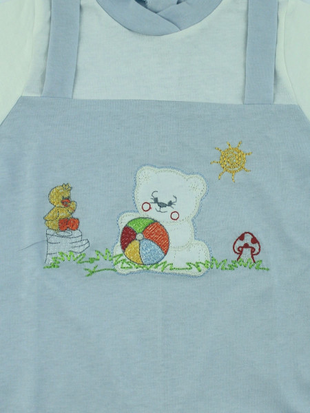Baby footie baby bear plays in cotton garden. Colour light blue, size 6-9 months 2
