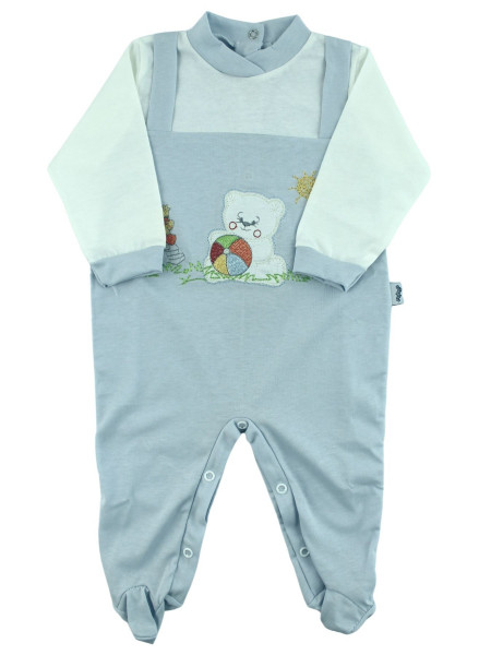 Baby footie baby bear plays in cotton garden. Colour light blue, size 6-9 months