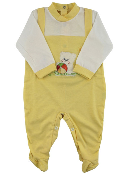 Baby footie baby bear plays in cotton garden. Colour yellow, size 6-9 months Yellow Size 6-9 months
