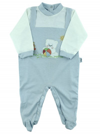 Baby footie baby bear plays in cotton garden. Colour light blue, size 6-9 months