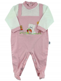 Baby footie baby bear plays in cotton garden. Colour pink, size 6-9 months