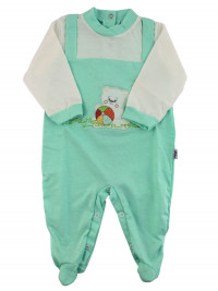 Baby footie baby bear plays in cotton garden. Colour green, size 6-9 months