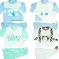 pack wow four interlock newborn suits. Colour light blue, size 0-1 month