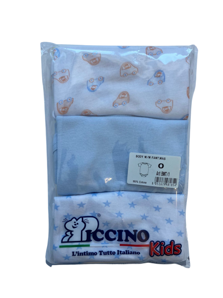 trio of printed cotton short sleeve bodysuits. Colour light blue, size 6-9 months 2