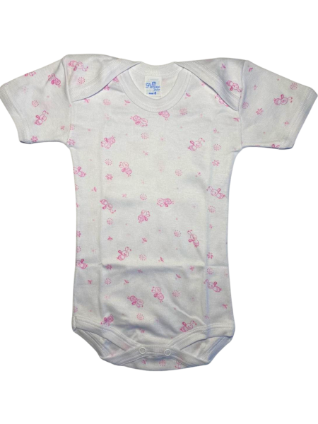 trio of printed cotton short sleeve baby girl bodysuits. Colour pink, size 3-6 months 5
