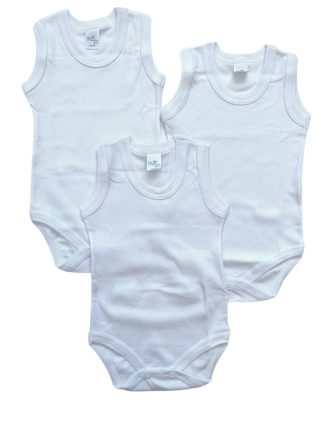sleeveless cotton newborn bodysuit. Colour white, size 0-1 month