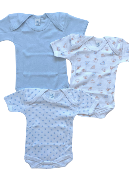 trio of printed cotton short sleeve bodysuits. Colour light blue, size 6-9 months