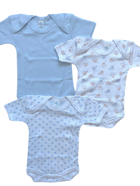 trio of printed cotton short sleeve bodysuits. Colour light blue, size 0-1 month Light blue Size 0-1 month