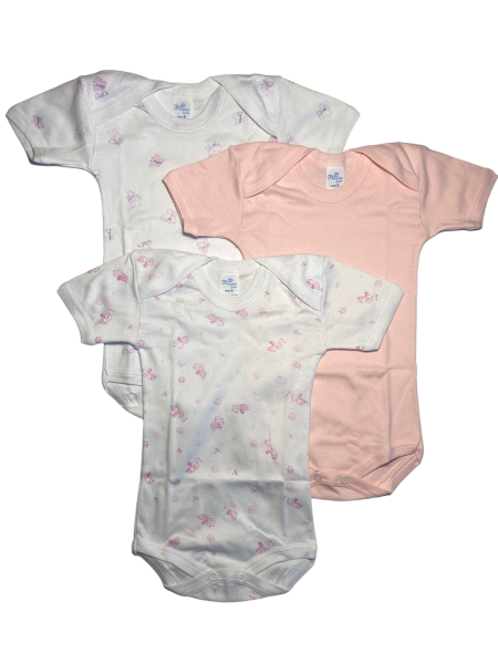 trio of printed cotton short sleeve baby girl bodysuits. Colour pink, size 6-9 months Pink Size 6-9 months