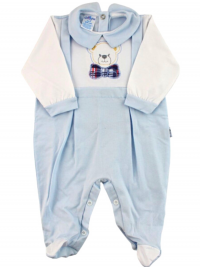 Bielastic Baby Bear footie with cotton bow tie. Colour light blue, size 6-9 months